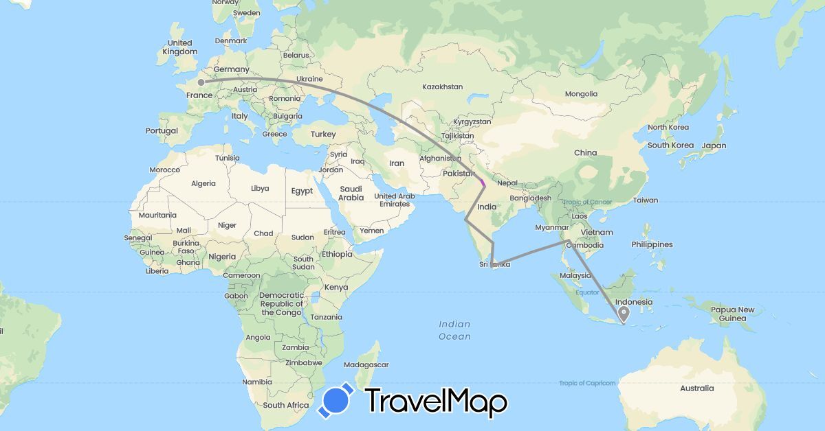 TravelMap itinerary: driving, plane, train in France, Indonesia, India, Thailand (Asia, Europe)